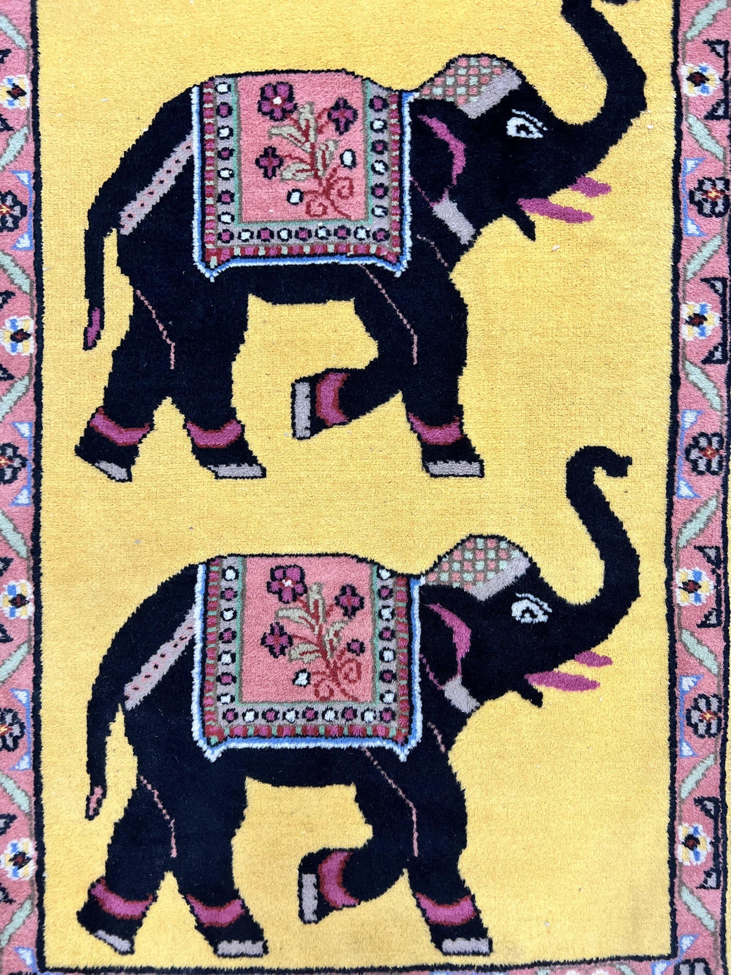 USED Unique Indian Pictorial Rug 2x3, Small Wool Hand Knotted Oriental Carpet, Yellow, Two Elephants, Handmade