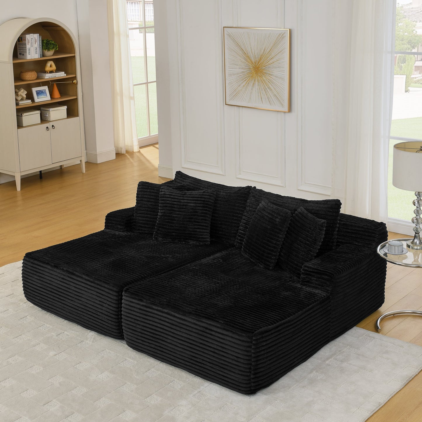 NEW Two-seater lazy sofa lounge chair,Compressed sofa no assembly required, made of velvet fabric, fluffy modern  lounge chair, used for indoor living rooms and bedrooms-Black