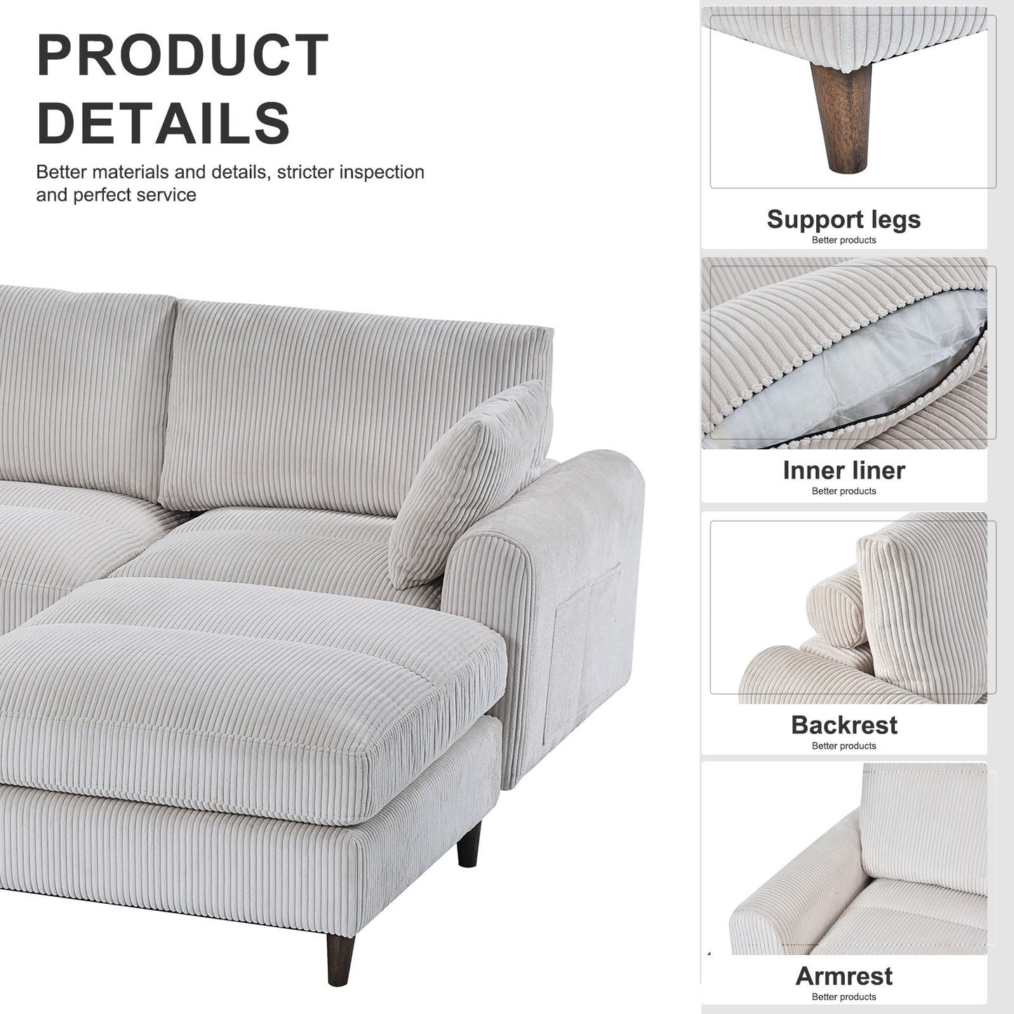 NEW Modern White Corduroy Modular Oversized U-shaped Convertible L-shaped Sectional Sofa Set with Pillow and Footstool