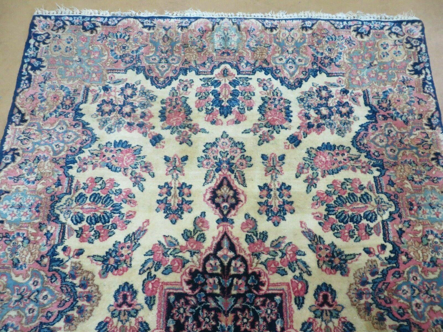 USED Antique Persian Kirman Rug 3.9 x 6.6, Floral Oriental Carpet, Ivory/Cream - Blue - Pink, Hand Knotted Wool Rug, Floral Medallion Rug 4x6