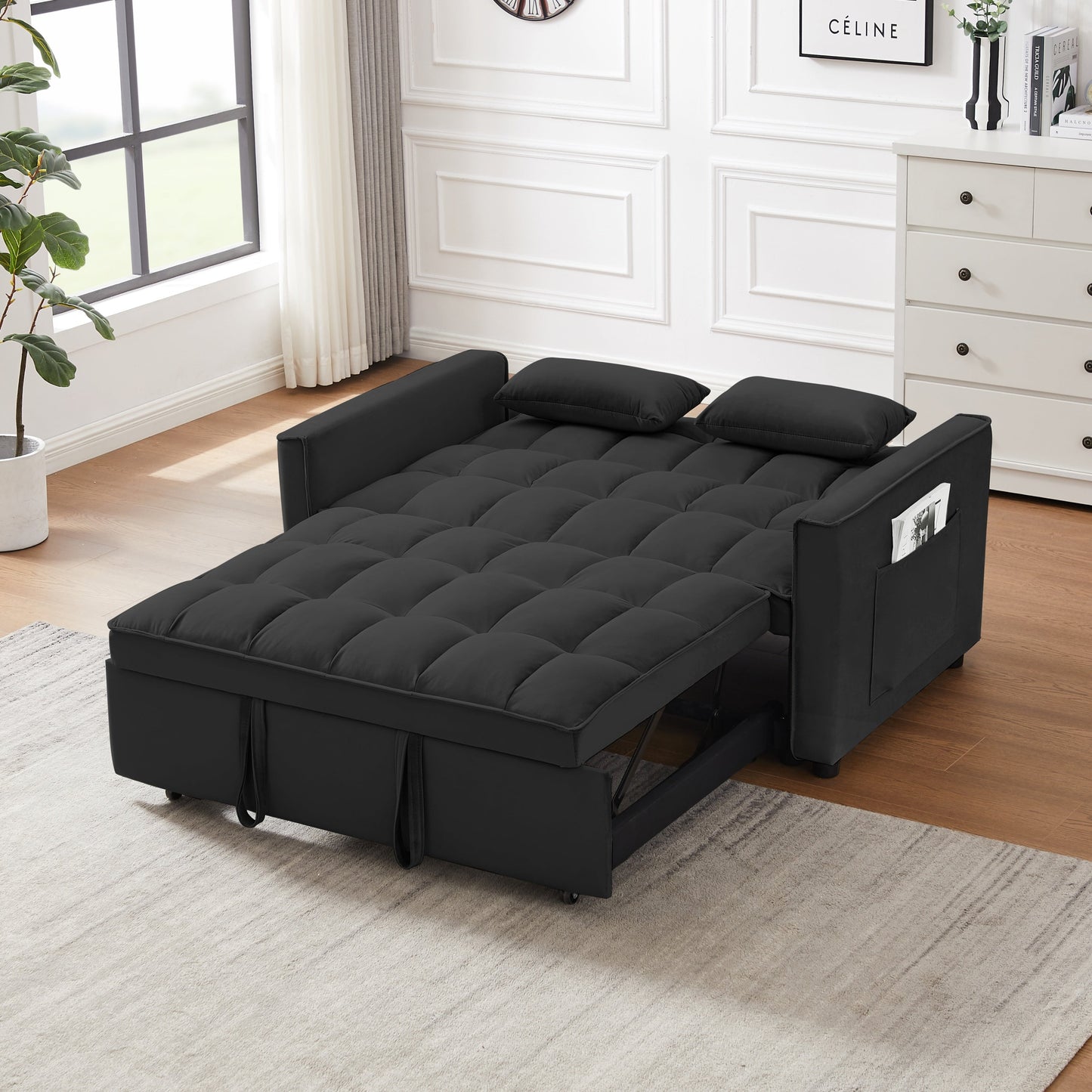 NEW Modern Velvet Convertible Loveseat Futon Sofa with Pullout Bed, Reclining Backrest, Black