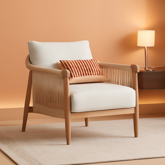 NEW Cream Braided Accent Armchair With Wooden Armrests
