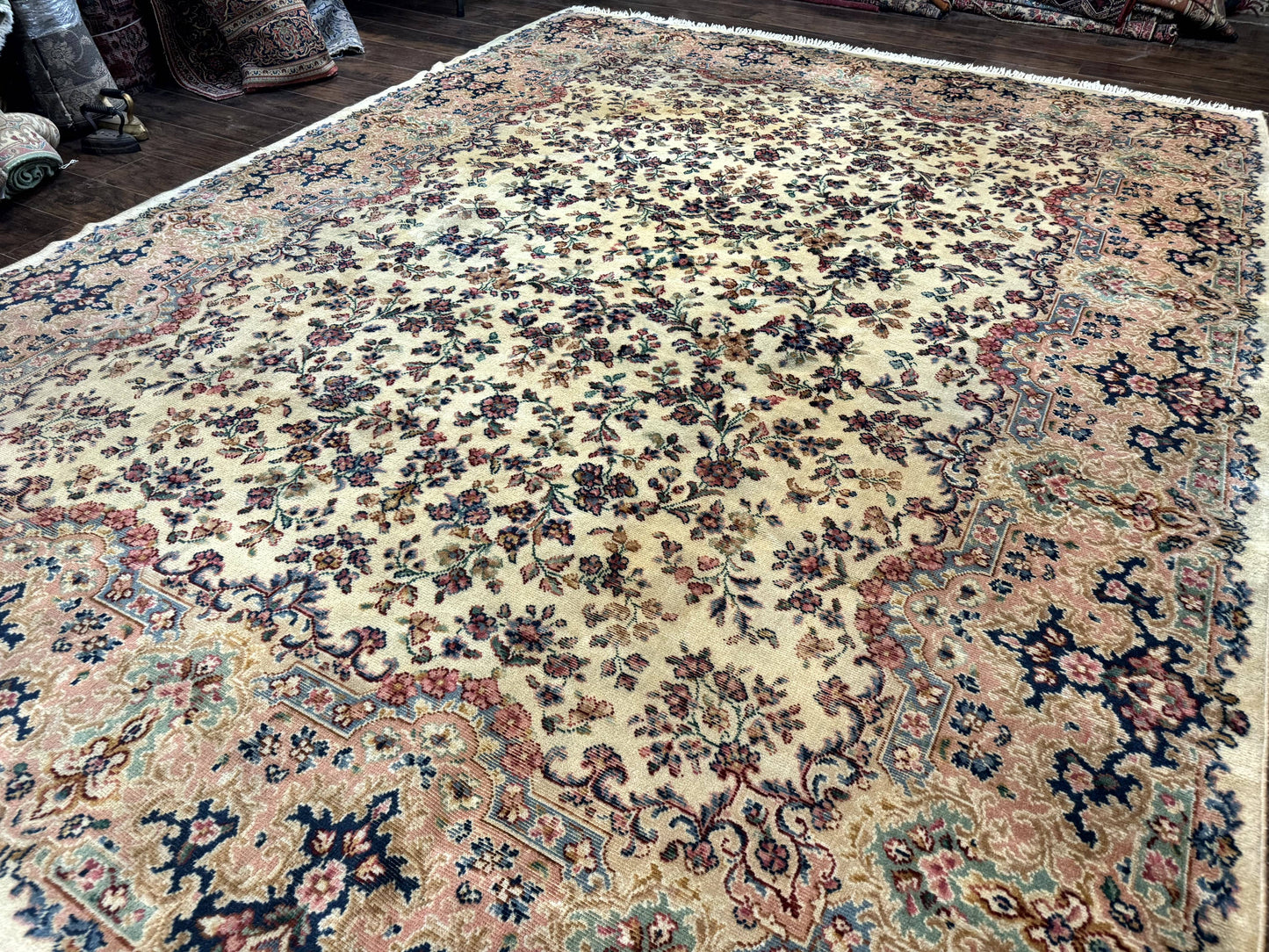 USED Antique Karastan Rug 8.8 x 12 Lanamar Floral Ivory Kirman Wool Discontinued