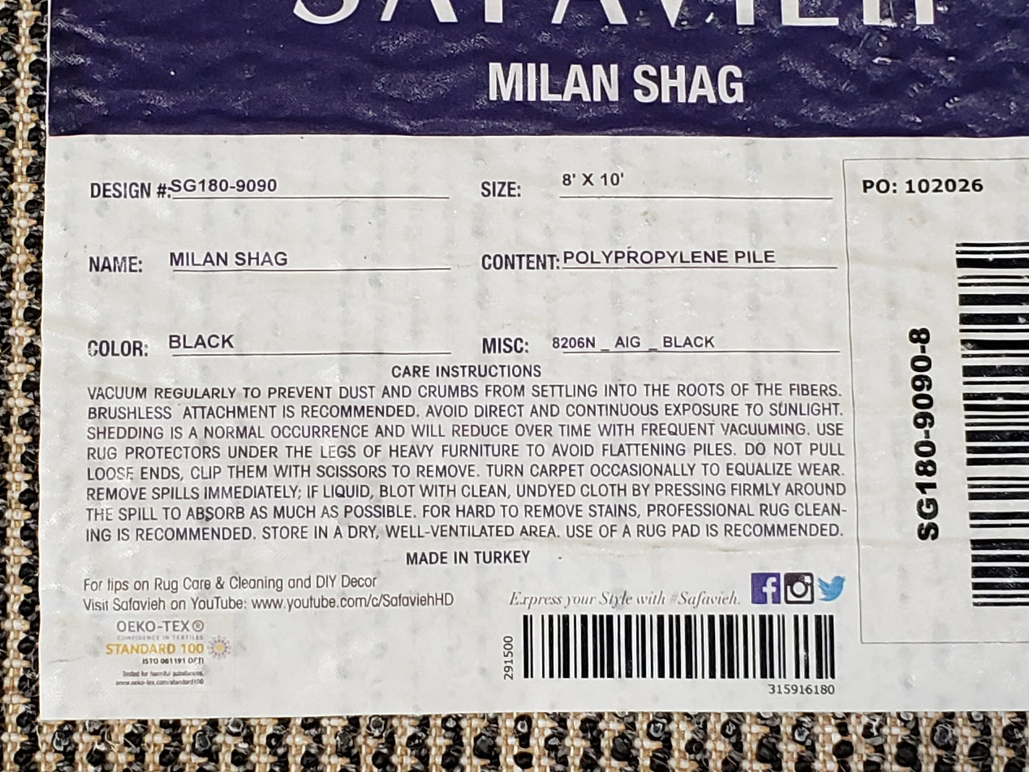 USED Black Shag Rug 8x10, Savafieh Milan Fluffy Black Carpet, Room Sized Shag Rug, Modern Contemporary Rug, Soft Living Room Rug, Bedroom Rug