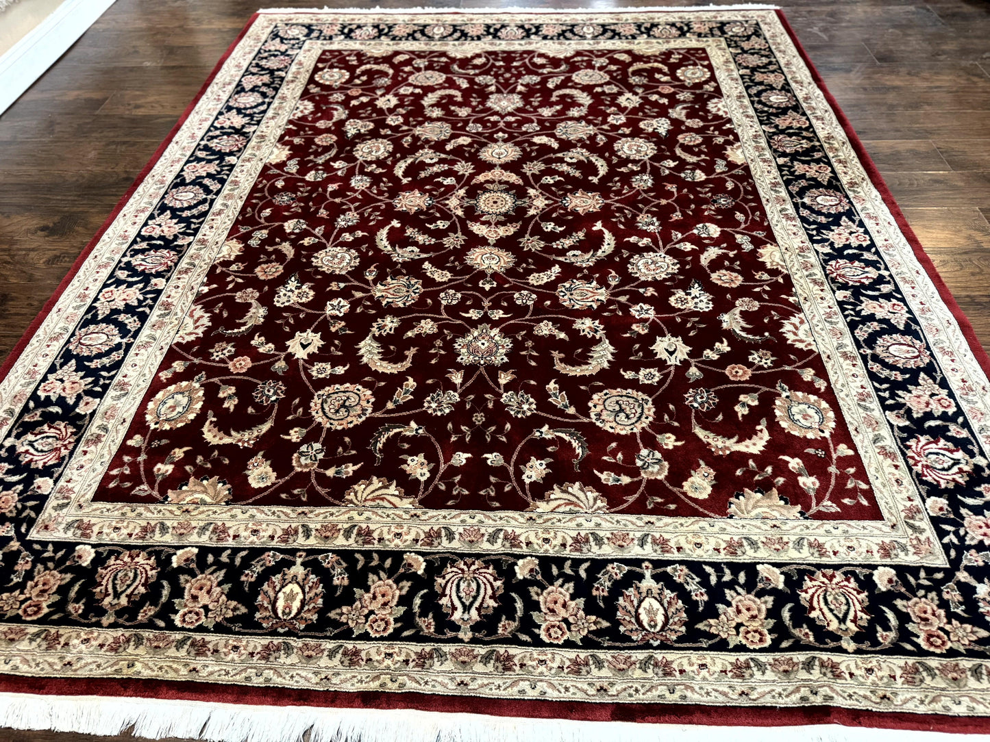 USED Maroon Persian Area Rug 8x10, Floral Allover, Pak Persian, Wool and Silk Highlights, Traditional Oriental Carpet