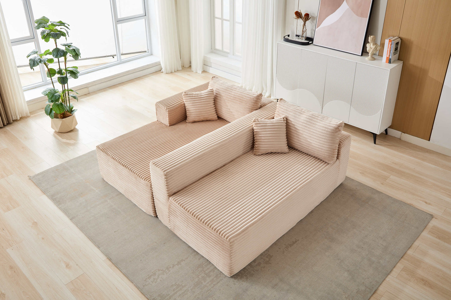 NEW Compression Sectional Couch with Comfy Chaise, Boneless L Shape Sofa with Deep Seat, Minimalist Modular Couches Sleeper for Living Room Bedroom Apartment Lounge,corduroy,Beige