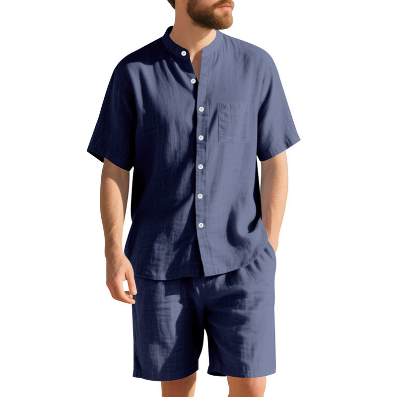 New American Linen Suit Men's Summer Two-piece Suit Henry Collar Beach