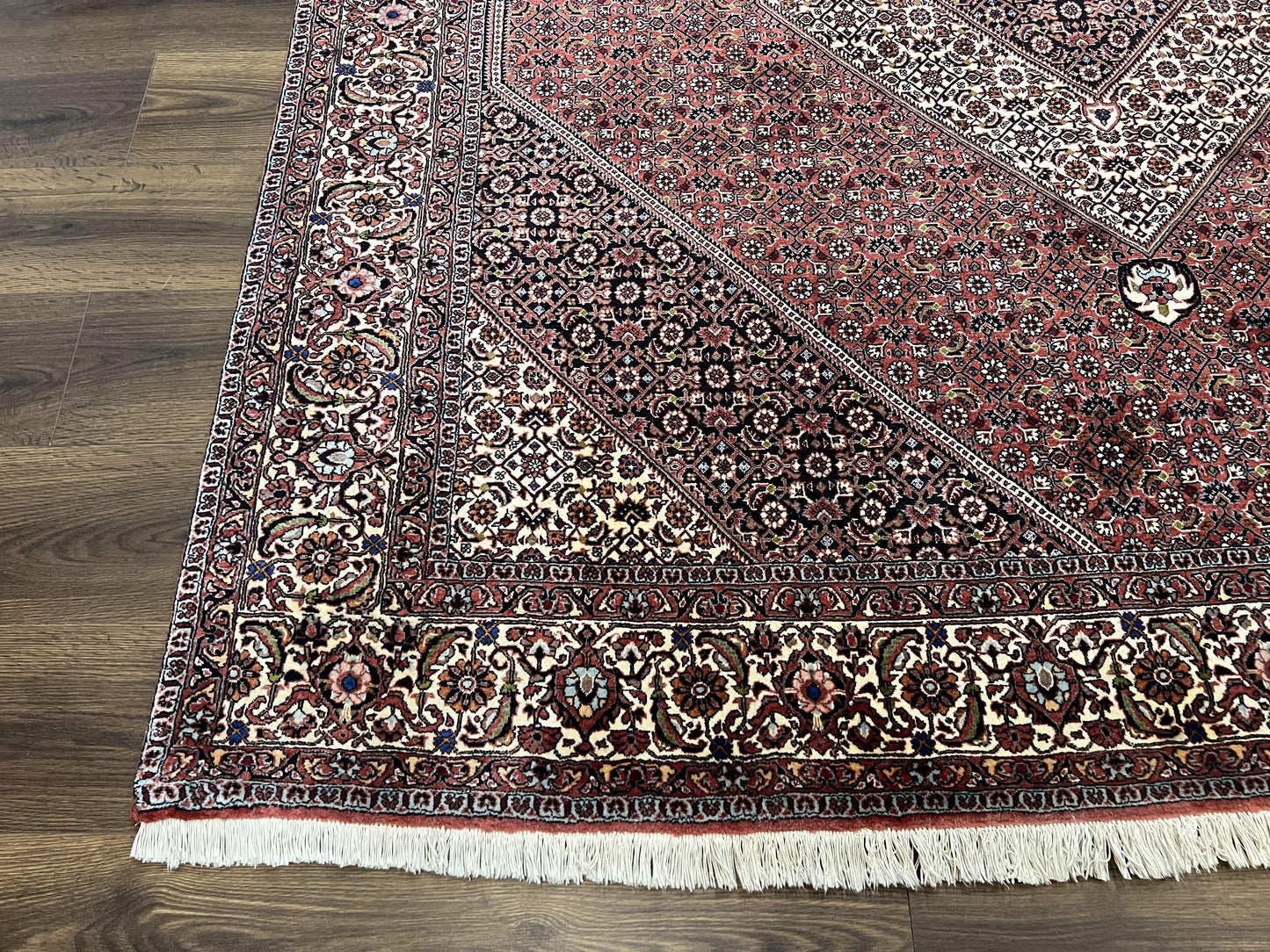 USED Wonderful Persian Bidjar Rug 7x8 ft, Almost Square Oriental Carpet, Herati Mahi, Highly Detailed, Ivory Red Navy Blue, Very Fine Handmade Bijar Rug