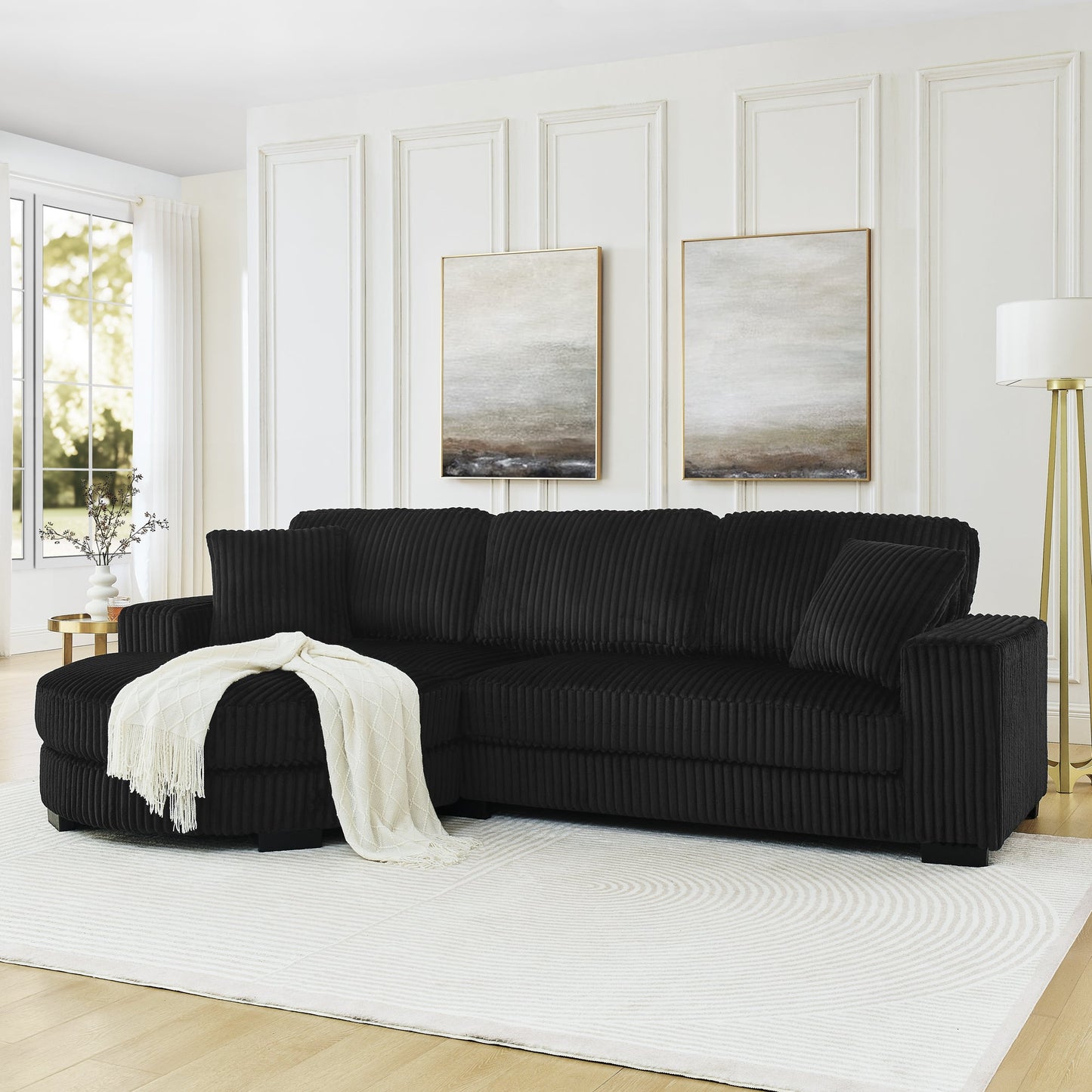 NEW Black Corduroy Tufted Upholstered Sleeper Sectional Sofa, L-Shaped Modular Convertible Sofa with Arc-Shaped Footstool