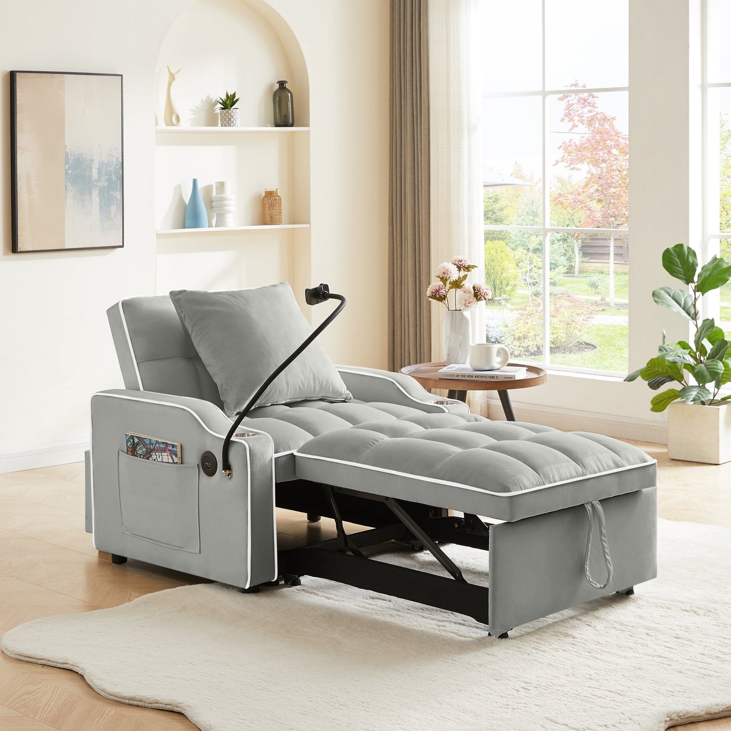 NEW 3-in-1 Grey Velvet Convertible Adjustable Pull Out Sleeper Chair Sofa Bed with Multi-Pockets