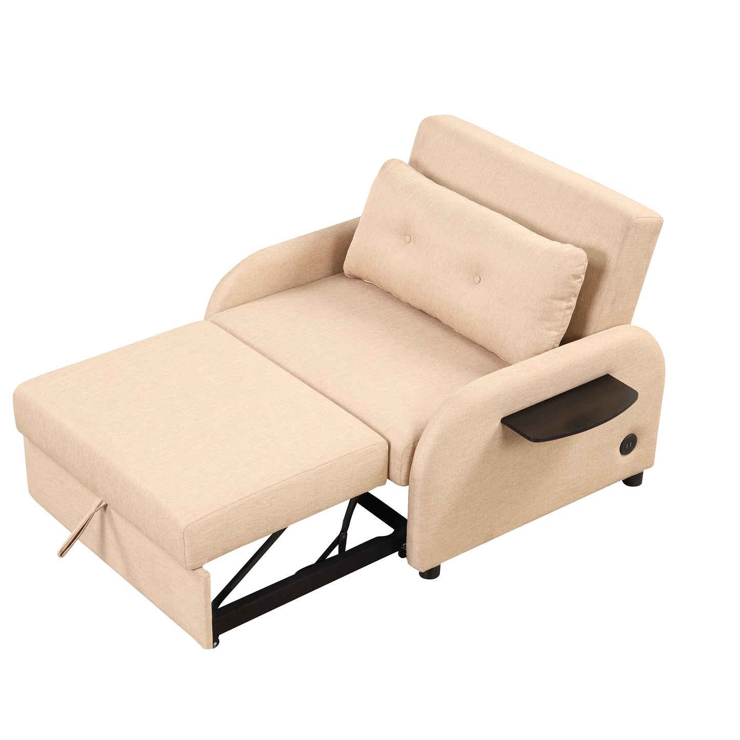 NEW Versatile Pull Out Sofa Sleeper 3 in 1 with Wing Table & USB Charge, Beige Linen, Compact Design
