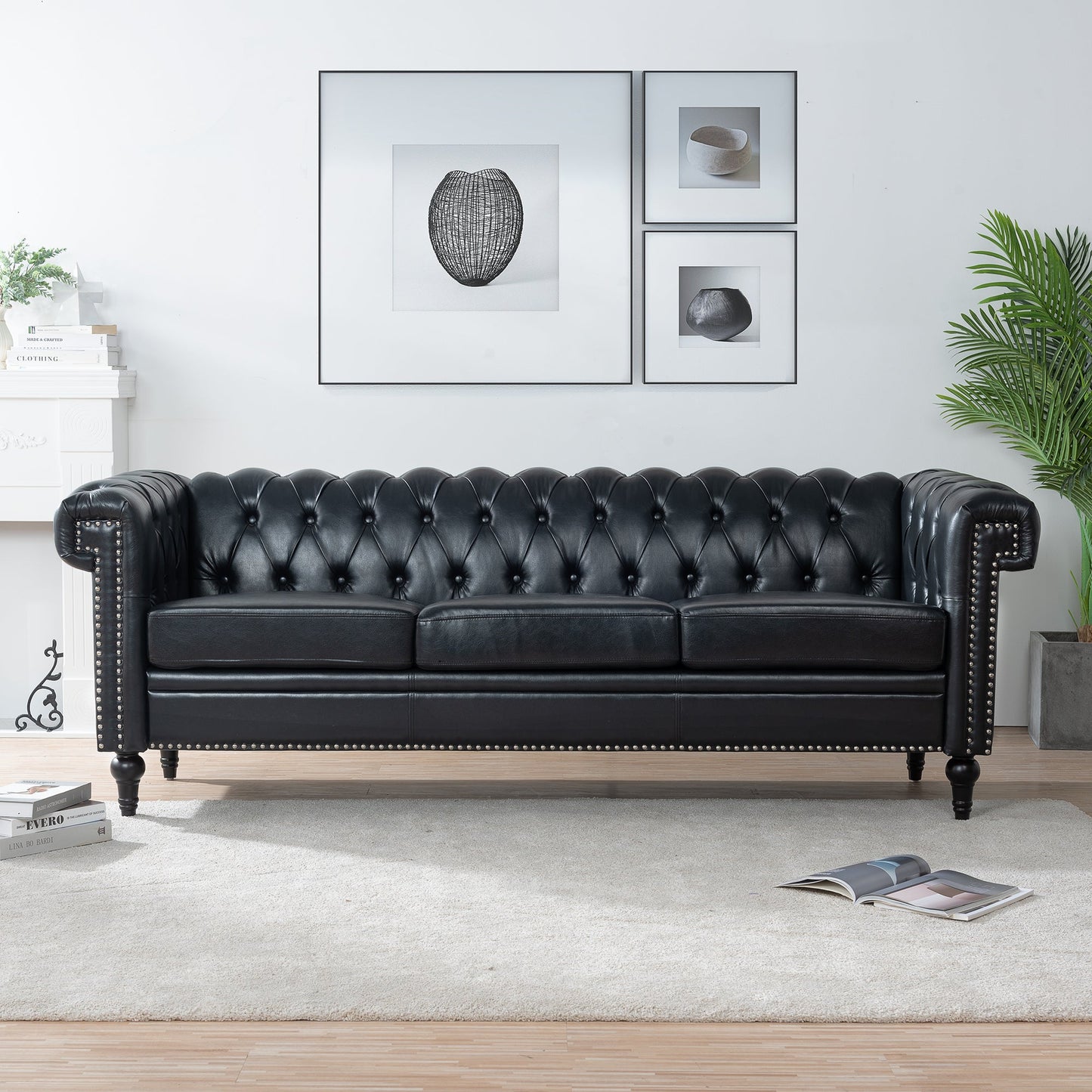 NEW Traditional Black PU 3-Seater Sofa Couch with Removable Cushions and Birch Legs