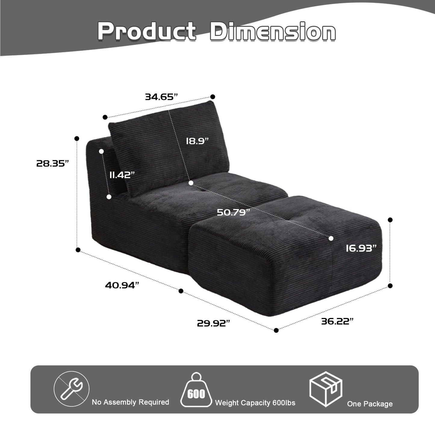 NEW Modern Black Corduroy Fabric Memory Foam Compressed Single Chaise Lounge Cloud Modular Sectional Sofa with Movable Ottoman