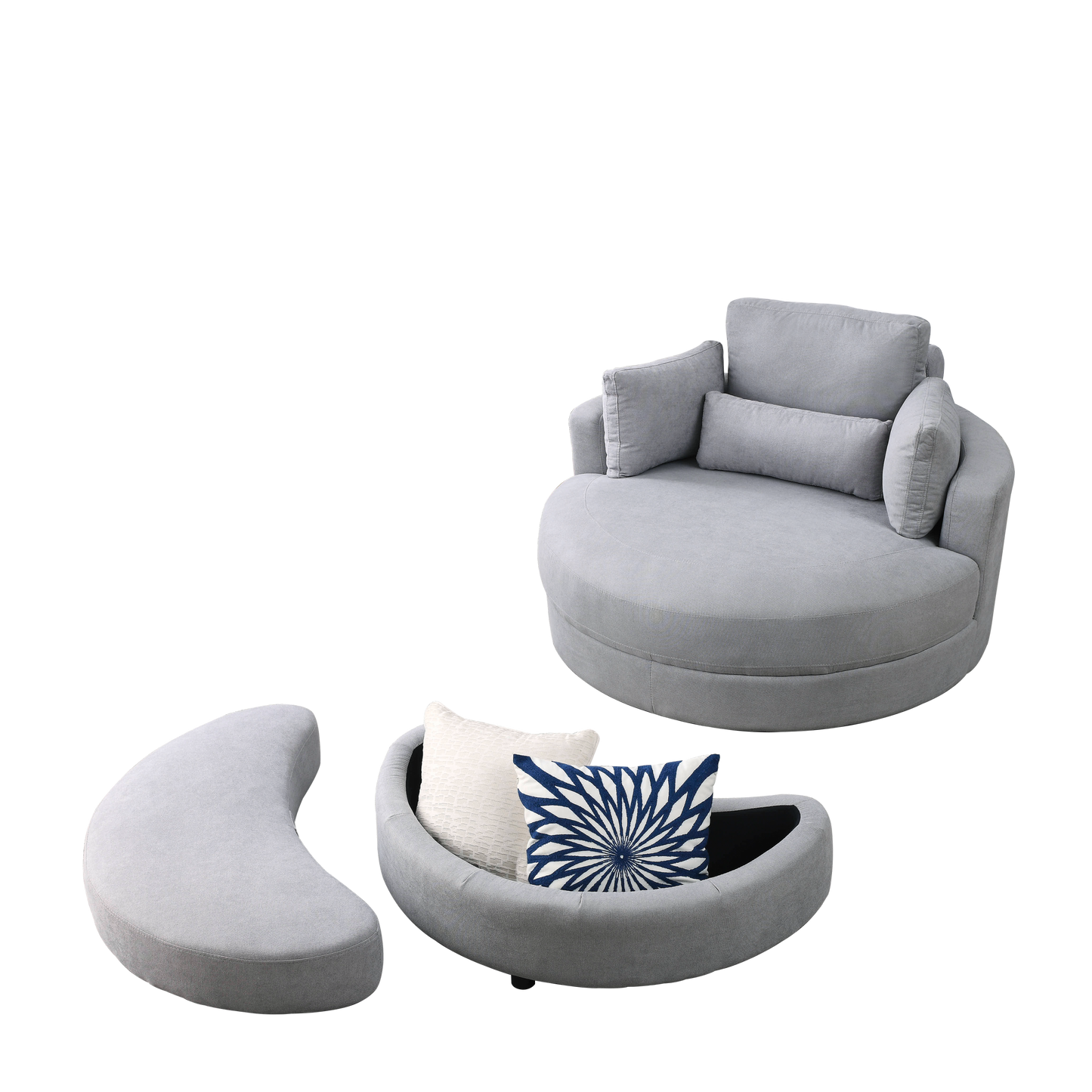 NEW We Like Swivel Accent Barrel Modern Grey Sofa Lounge Club Big Round Chair with Storage Ottoman Linen Fabric with Pillows