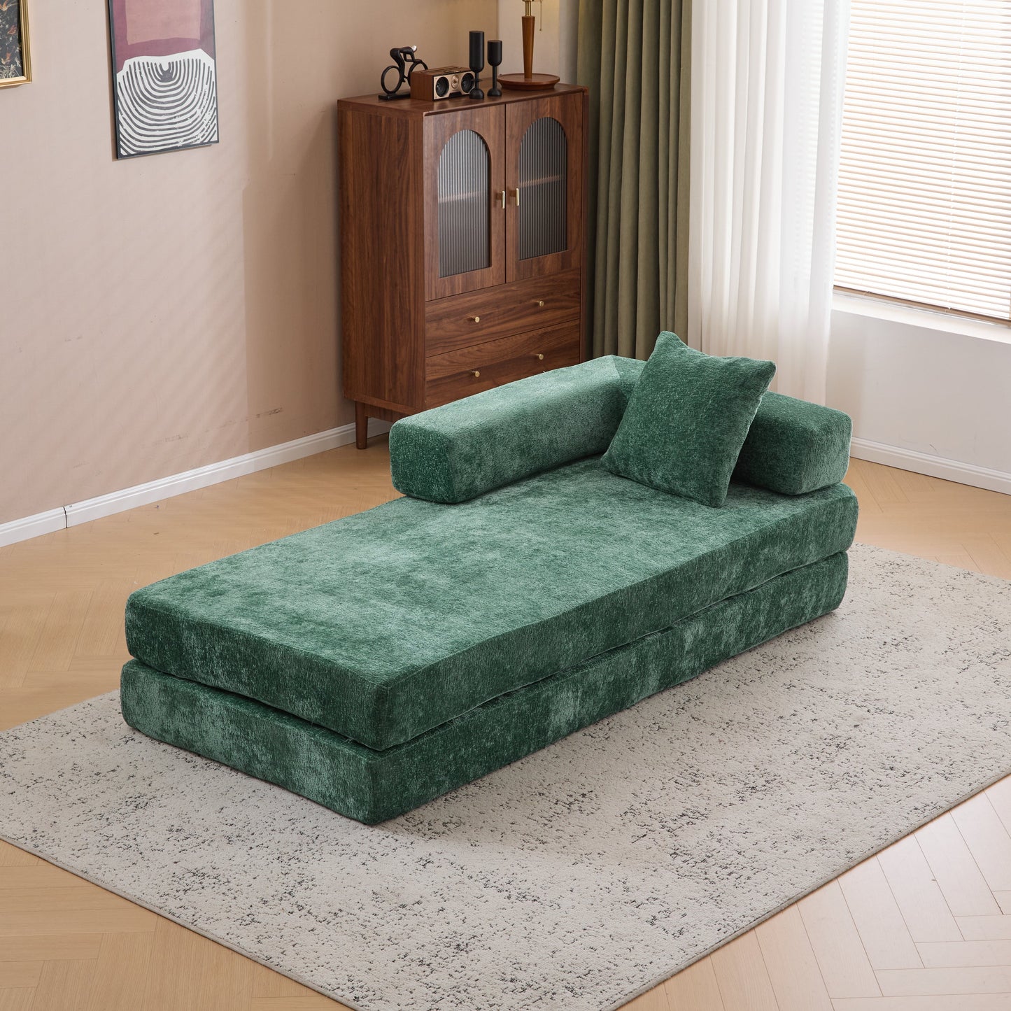NEW Dark Green Chenille Fabric Floor Compression Convertible Sofa Bed