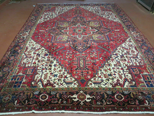 USED Wonderful Persian Heriz Rug 8.6 x 11, Geometric Heriz Carpet, Semi Antique Decorative Area Rug, Red Ivory Dark Blue Handmade Wool Room Sized