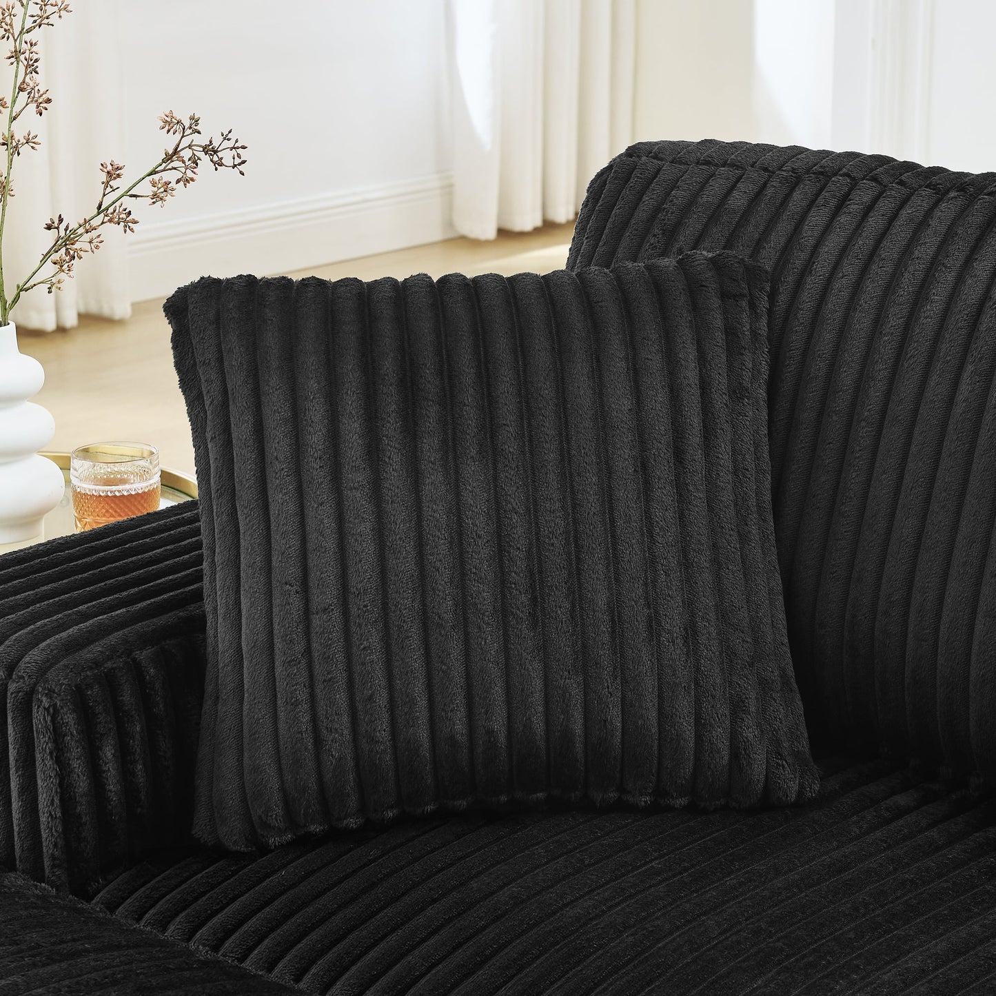 NEW Black Corduroy Tufted Upholstered Sleeper Sectional Sofa, L-Shaped Modular Convertible Sofa with Arc-Shaped Footstool