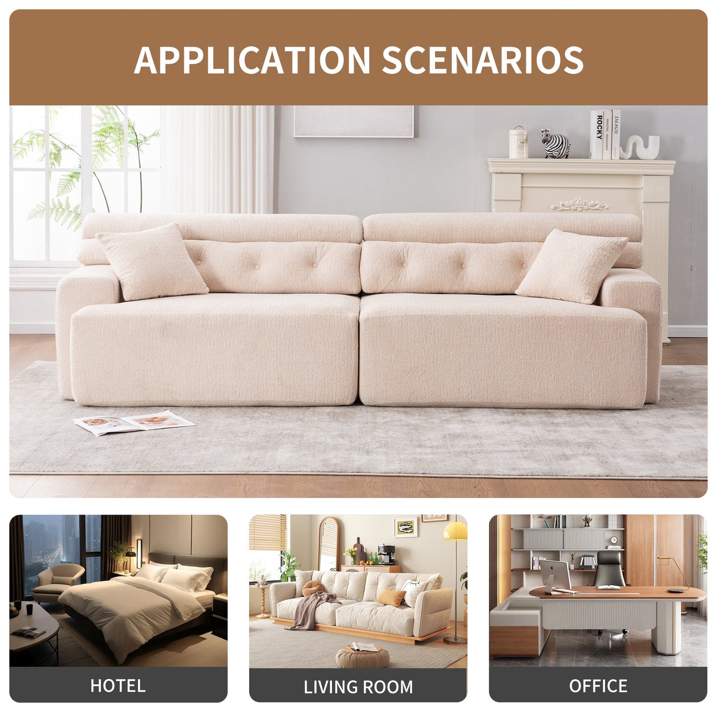 NEW LY-029 Apricot Compression Sofa 4-seater Wood Grain Chenille Fabric Couch with Two Pillows