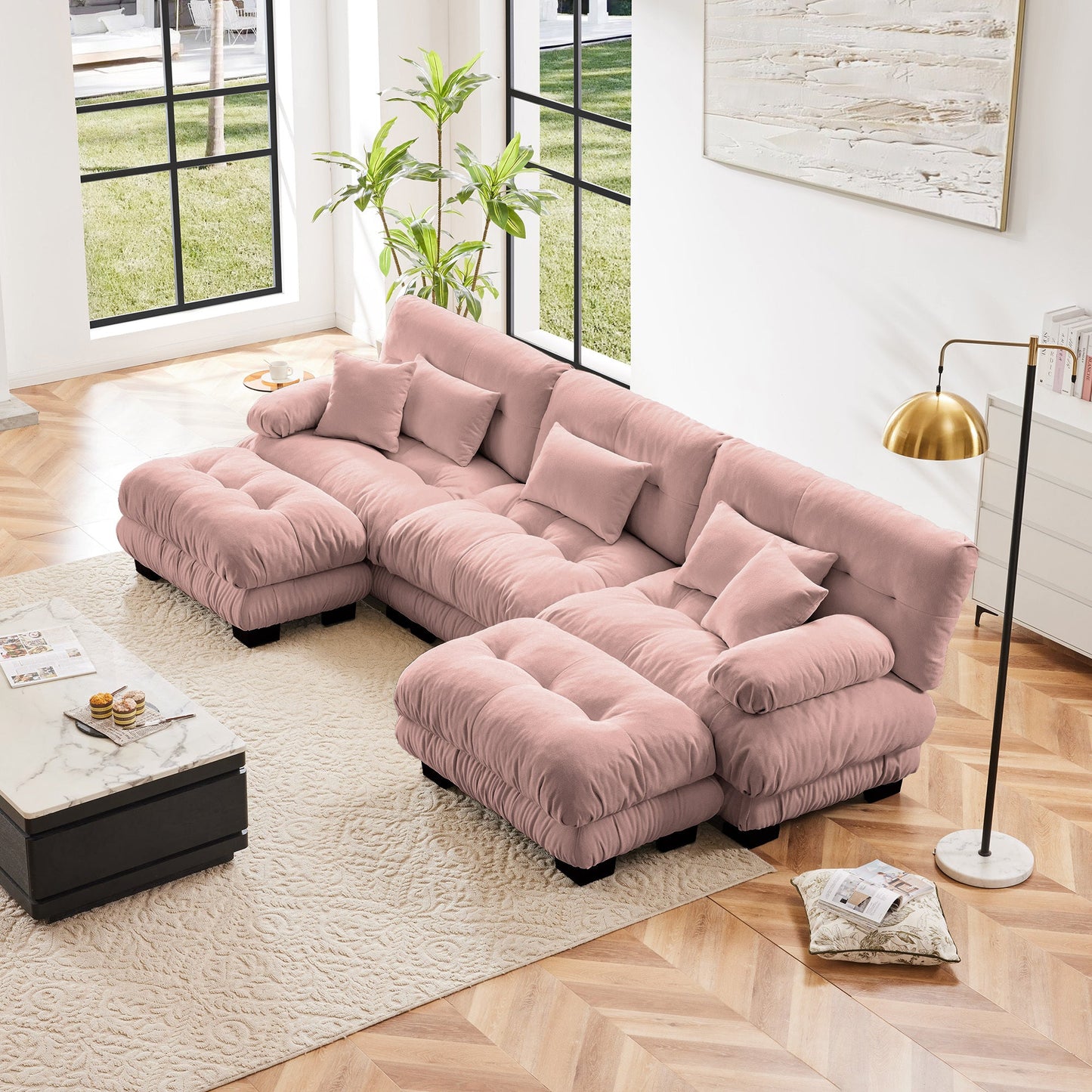 NEW Luxury Modular Sectional Sofa Couch - Oversized U Shaped Cloud Couch for Living Room,Deep Seat Sofa Couch with 2 Ottomans ,Chenille Pink