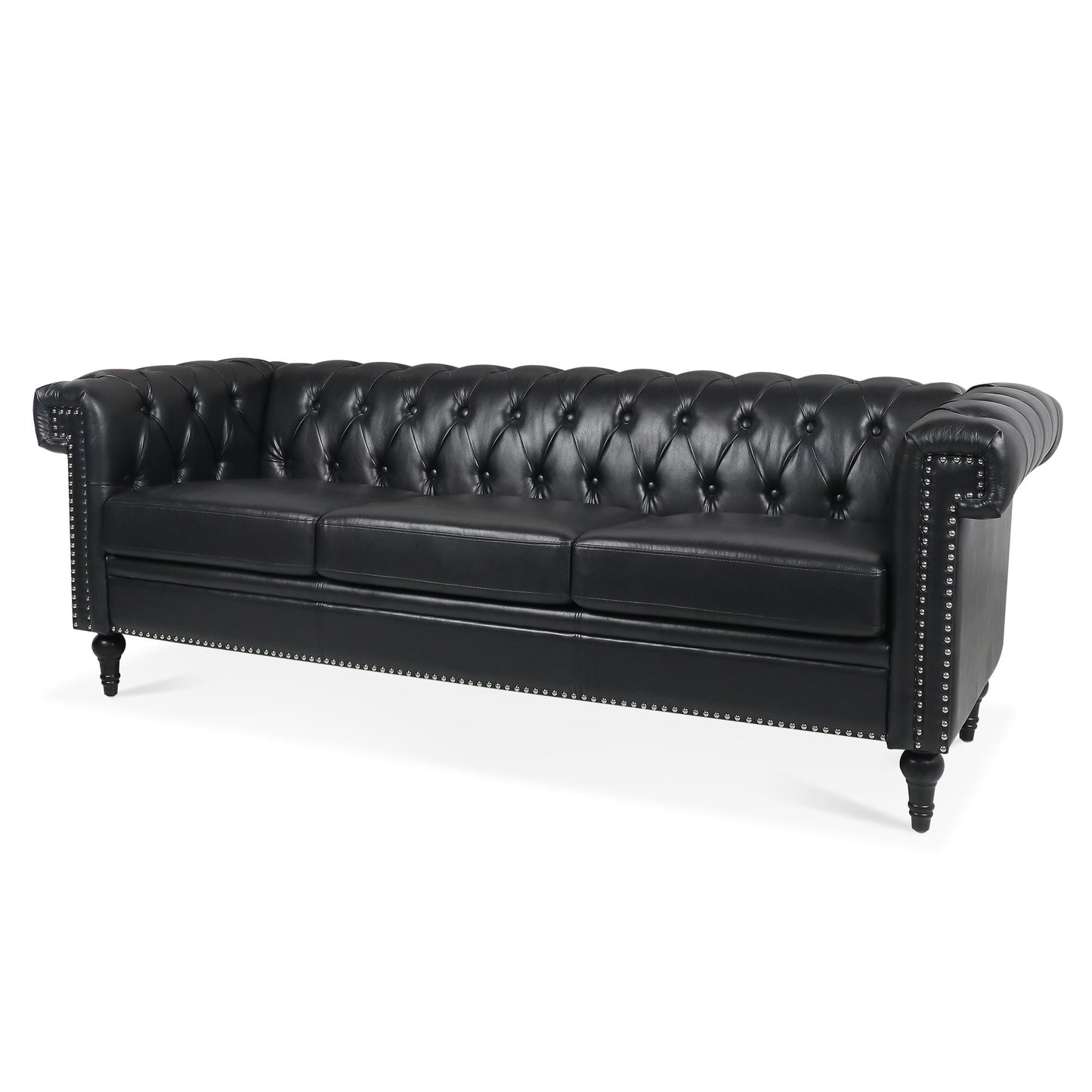 NEW Traditional Black PU 3-Seater Sofa Couch with Removable Cushions and Birch Legs