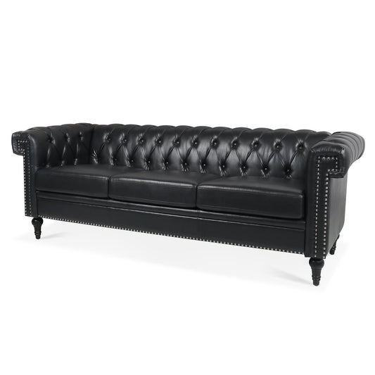 NEW Traditional Black PU 3-Seater Sofa Couch with Removable Cushions and Birch Legs