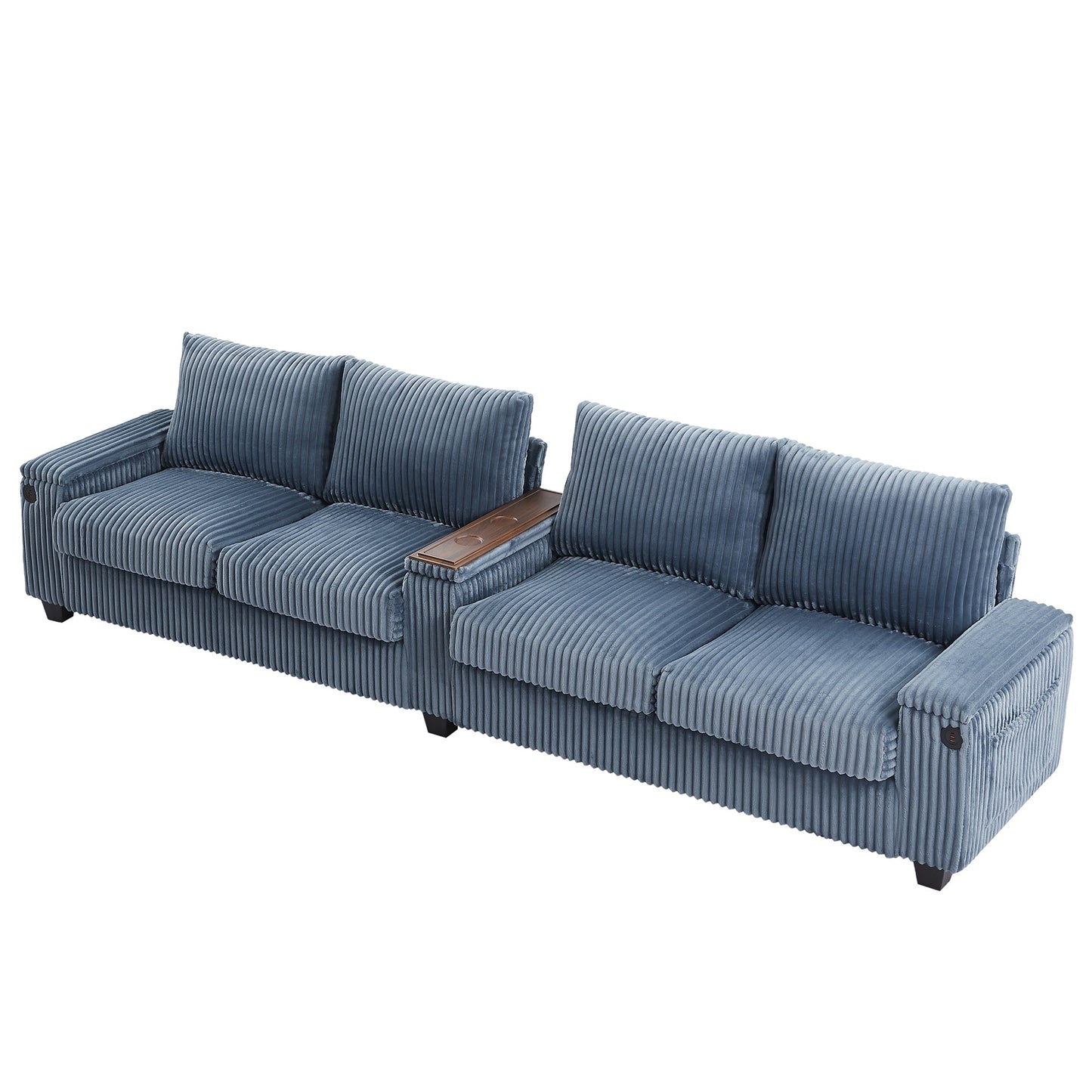 NEW Modern 4-Seater Corduroy Sofa Couch with USB Ports, Hidden Storage, Flip-Top Cup Holders, Blue, 133'