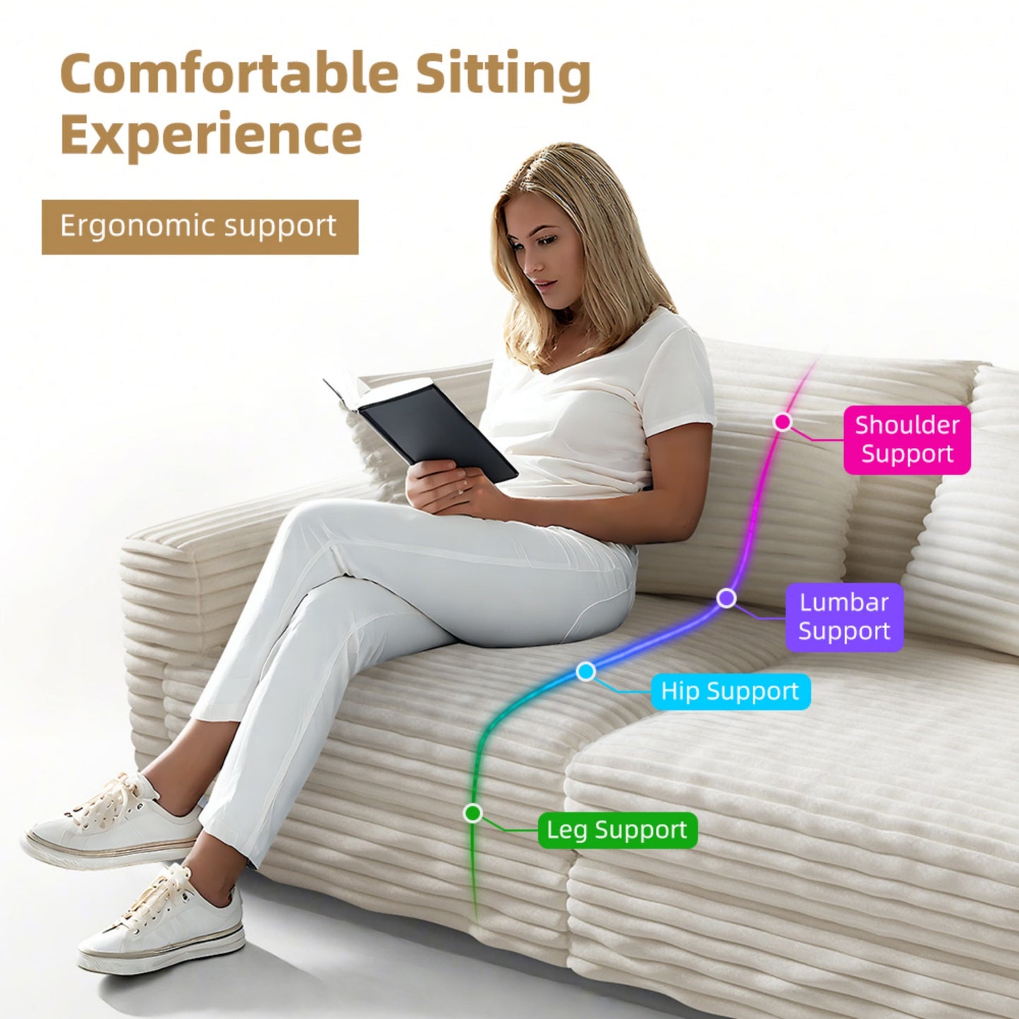 NEW 104.3' Modern 4-Seat  Beige Comfy Upholstered Plush Corduroy Sofa