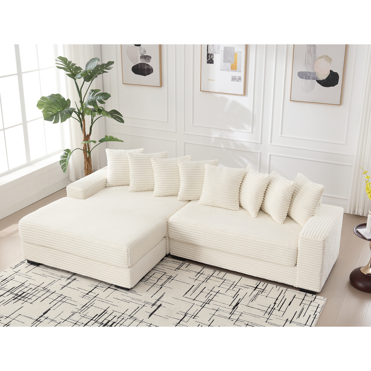NEW Oversized Two-Piece  Couches,  L Shaped Sofa, Corduroy, Left Chaise Daybed,with Armrests,Eight Throw Pillows,Corner Sofa,Easy To Assemble, Beige
