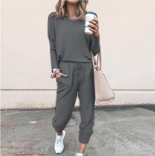 New Women's Long Sleeve Suit Fashion Pullover Top And Pockets Drawstring Long Pants Solid Color Casual Sports Trouser Suit Clothing
