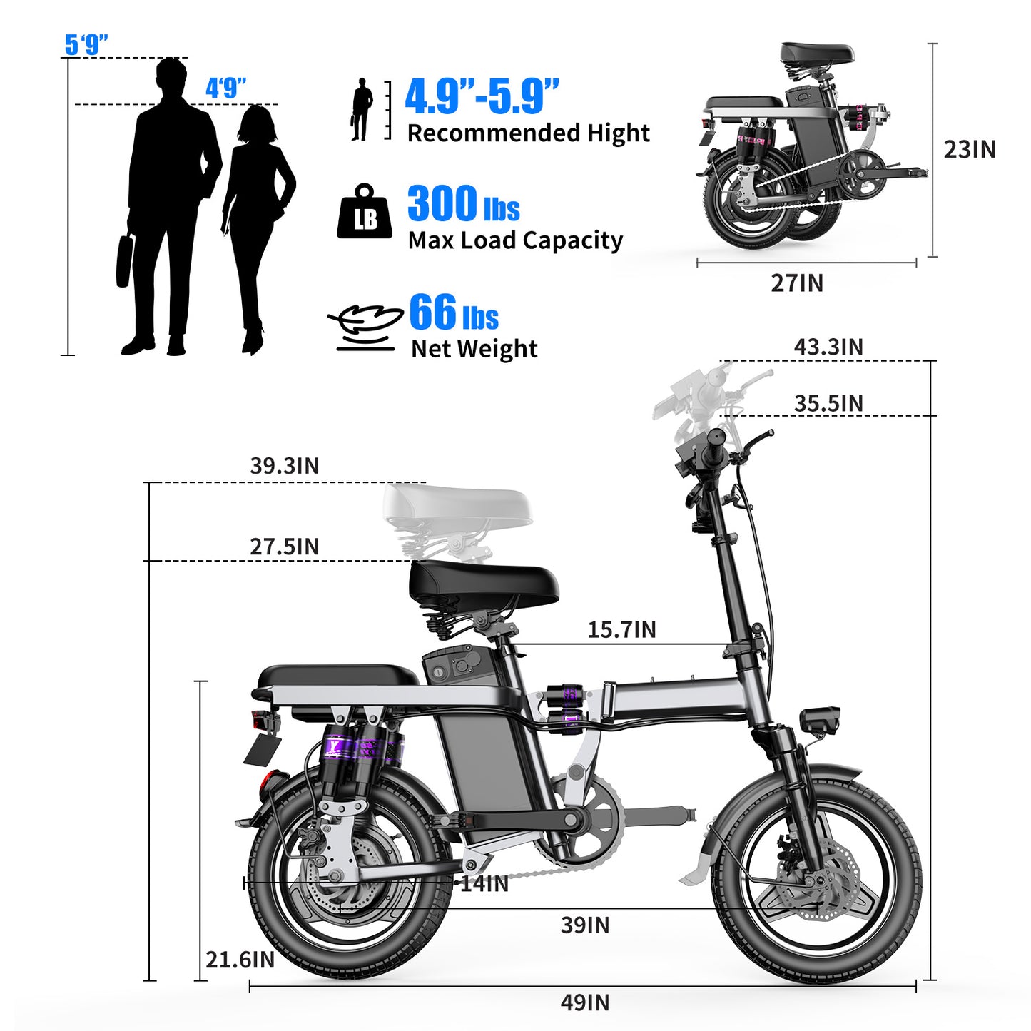 NEW ASKGO Adult Men Women E-Bike 48V 15AH Removable Battery 25MPH 500W Brushless Motor, Lightweight 14'' Tire LCD Display Electric Bike Bicycle