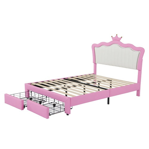 NEW Full Size Upholstered Bed Frame With LED Lights, Modern Upholstered Princess Bed With Crown Headboard, 2 Drawers