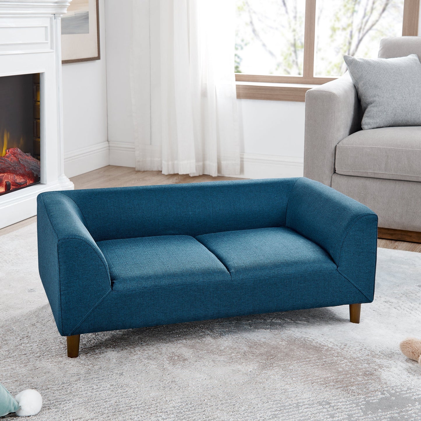 NEW Modern Blue Linen Rectangular Pet Sofa with Backrest and Armrests for Small and Medium Dogs