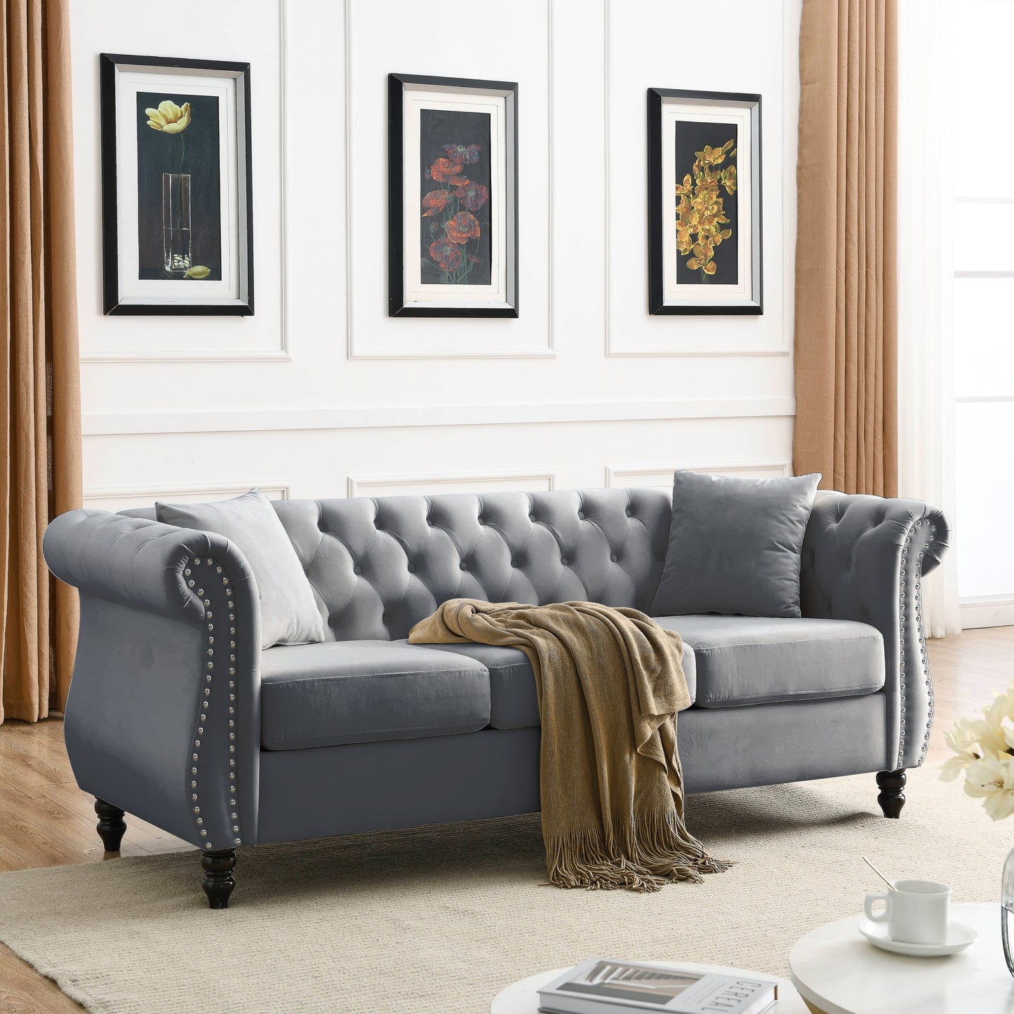 NEW 80' Chesterfield Sofa Couch Grey Velvet for Living Room, 3 Seater Sofa Tufted Couch with Rolled Arms Nailhead and Two Pillows