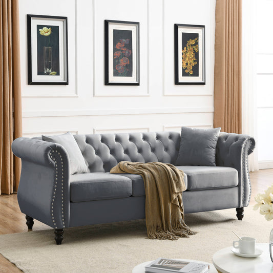 NEW 80' Chesterfield Sofa Couch Grey Velvet for Living Room, 3 Seater Sofa Tufted Couch with Rolled Arms Nailhead and Two Pillows