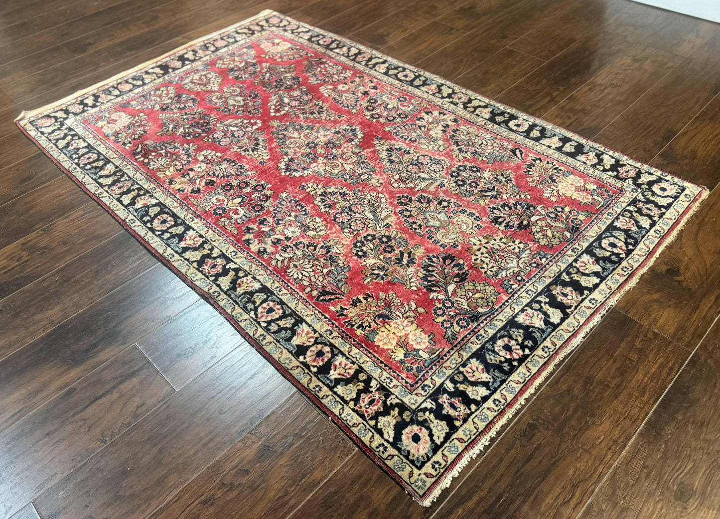 USED Antique Persian Sarouk Rug 4x7, Floral, Red 1920s Persian Wool Carpet