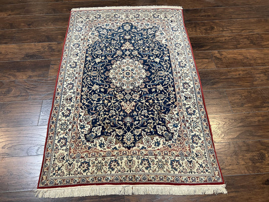 USED Super Fine Persian Nain Rug 3.6 x 5.4, Navy Blue and Ivory, 700 KPSI