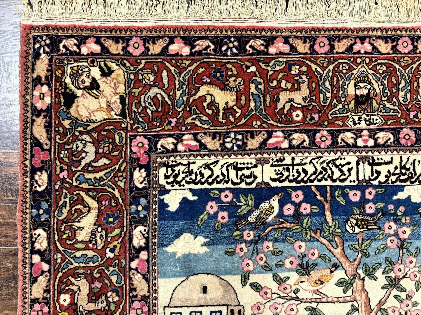 USED Wonderful Persian Kashan Pictorial Rug 4.7 x 6.5, Persian Rug for Wall Hanging, Handmade Antique Wool Carpet Animal Motifs Poetry Lovers, 240 KPSI