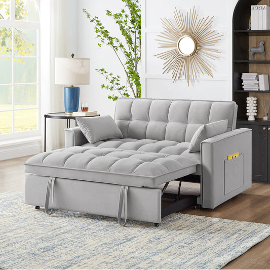 NEW 4 in1 Loveseat Sofa Bed with Armrests & Storage Pockets, Multi-Function Tufted Pull-out Sofa Bed with Adjustable Backrest and Pillows, Convertible Loveseat Sofa Couch, Gray