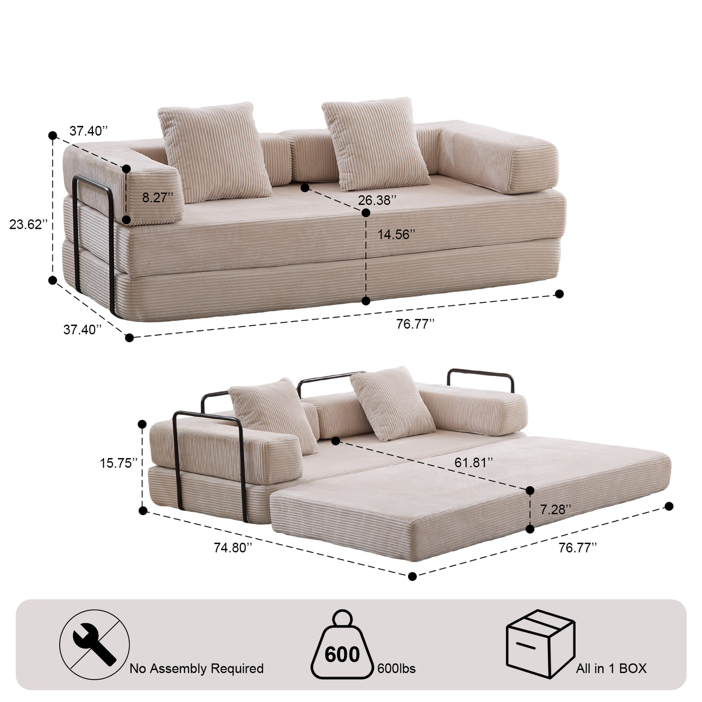 NEW Floor Compression Convertible Comfy Futon Lounge Sleeper Bed Floor Couch Sofa Bed with Pillow Back Support Armrest in Light Gray Corduroy Fabric