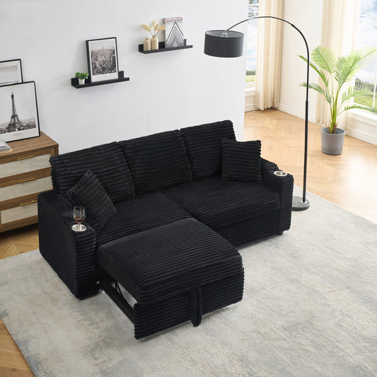 NEW 80-inch 2-in-1 Folding Black Corduroy fabric Sofa equipped with Cup Holder and Pillow