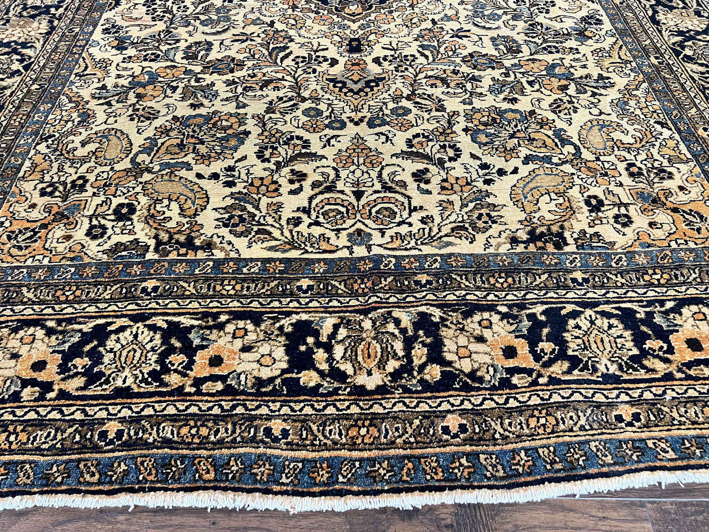 USED Antique Persian Rug 9x11, Wool Handmade 1920s Oriental Carpet, Persian Hamadan Anjelas Rug, Cream Black, Floral Allover Oriental Rug 9 x 11 Room Sized Rug
