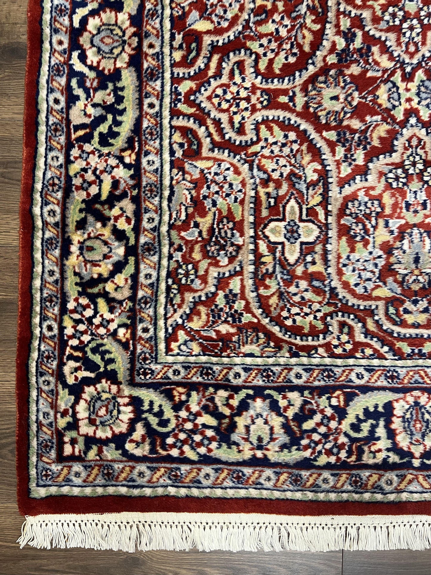 USED Indo Persian Rug 4x7, Allover Floral Oriental Carpet, Red and Navy Blue, Hand Knotted Indian Kashmiri Traditional Vintage Area Rug 4 x 7 ft