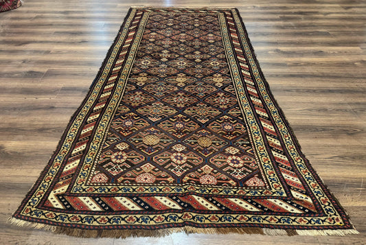 USED Antique Persian Wide Runner Rug 4x9, Kurdish Rug, Panel Design, Rainbow Border, Rare Tribal Rug