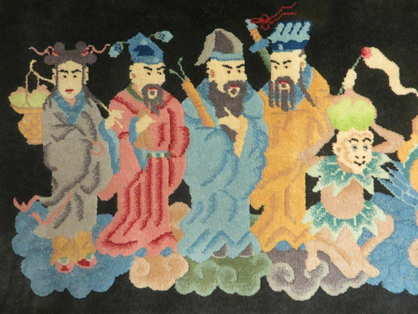 USED Chinese Wool Pictorial Rug 3x6 Counsel of Wise Elders Philosophers, Vintage Hand Knotted Black Chinese Carpet, Swan, Clouds Confucius, Rare