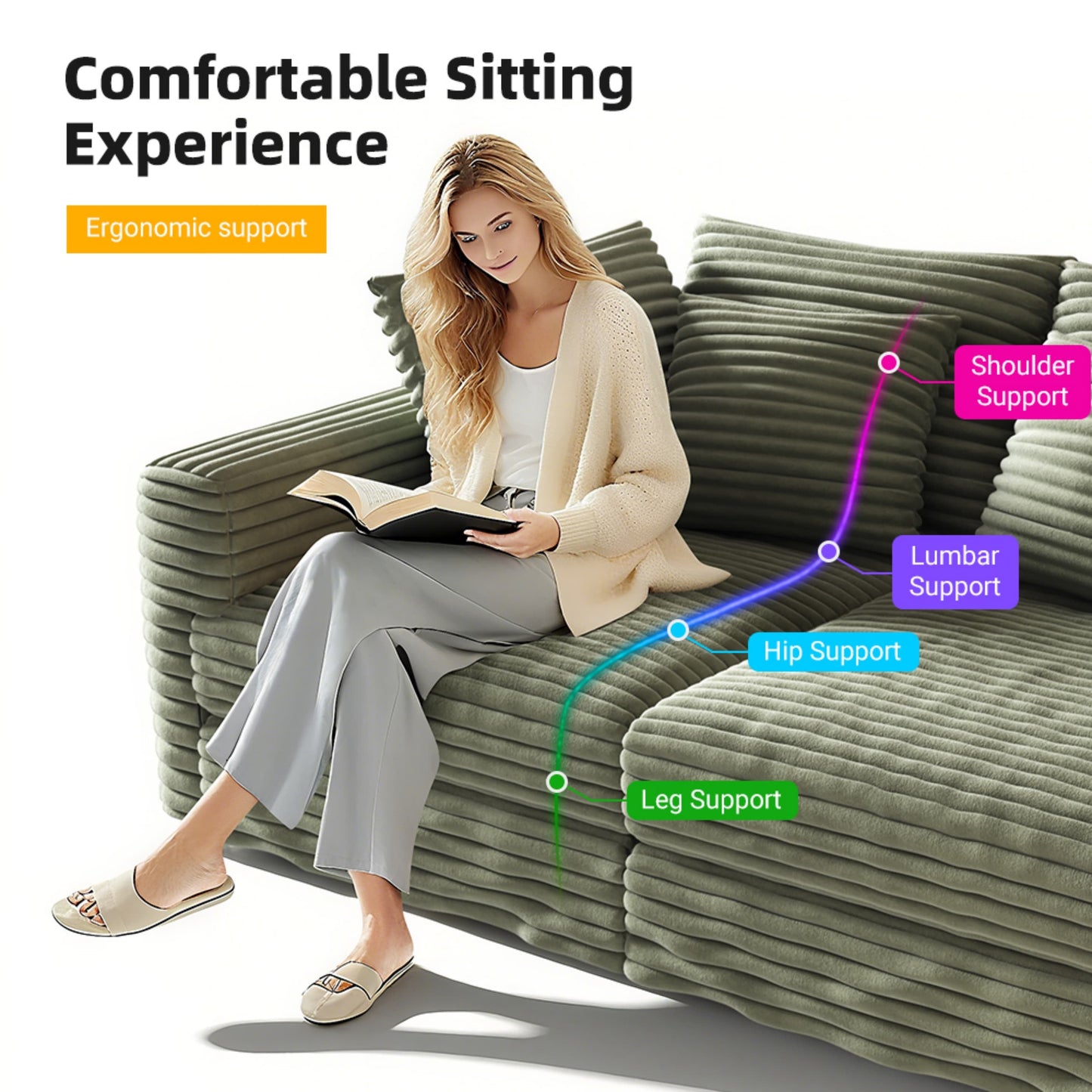 NEW 82.7' Modern Green Plush Corduroy 3-Seat Comfy Upholstered Sofa Cloud Deep Seat Couch with Soft Pillows