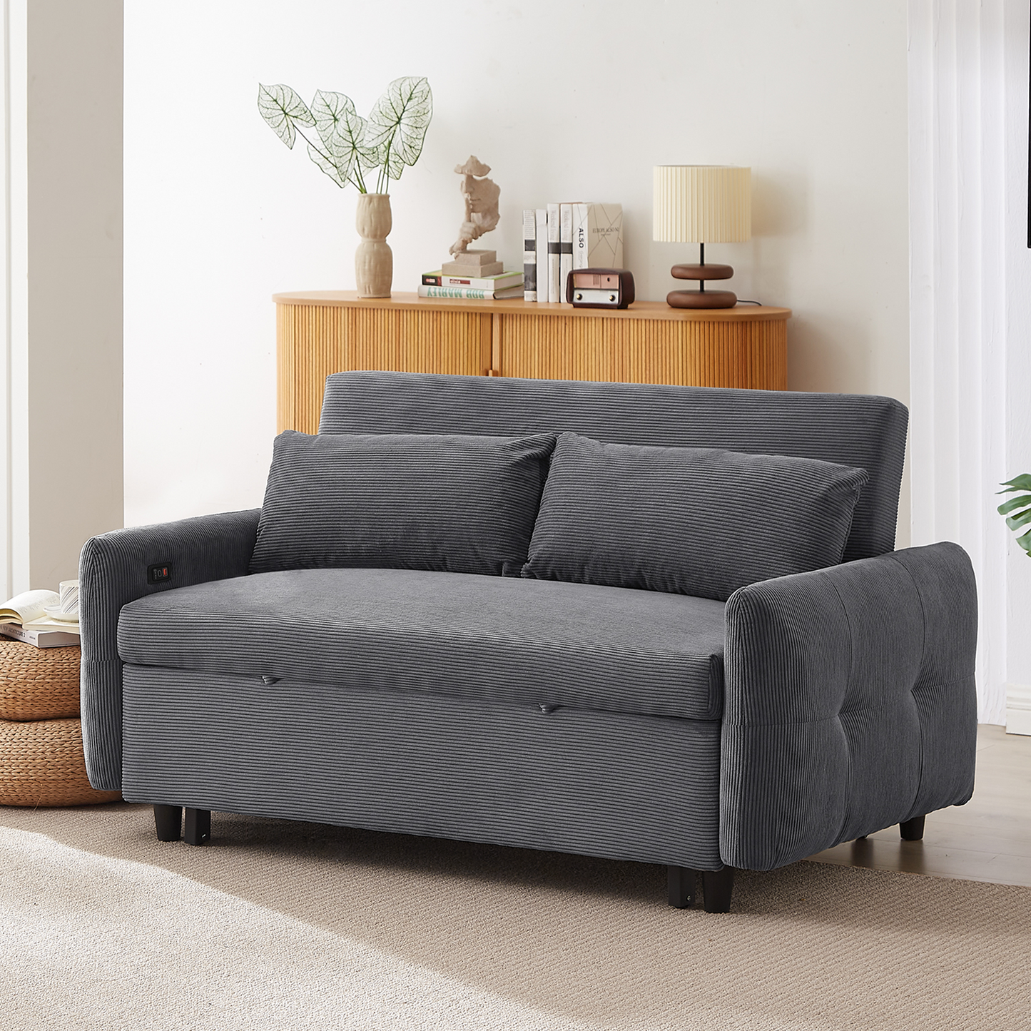 NEW 54.5’ Dark Grey Corduroy Modern Convertible Pull-out Sofa Bed