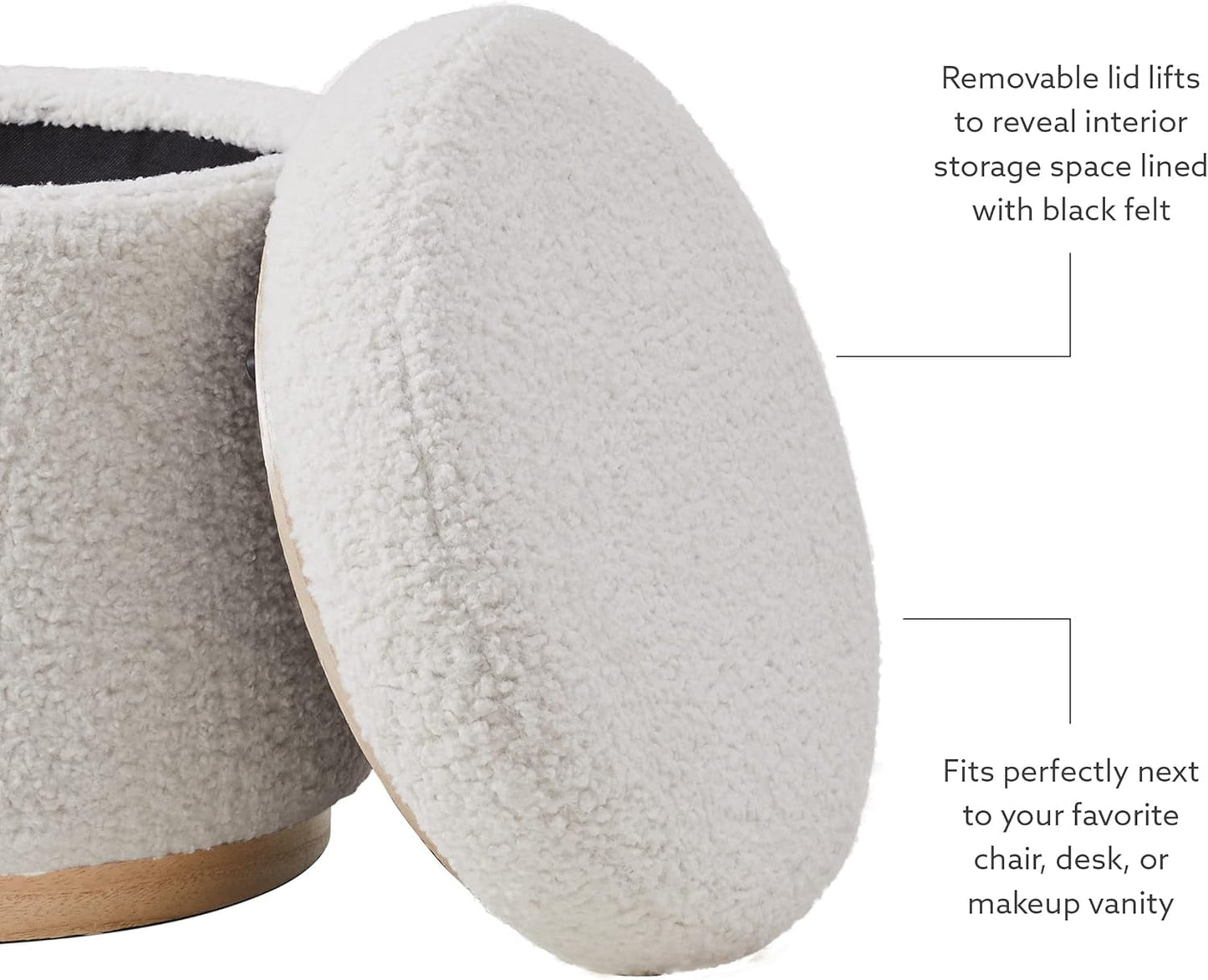 NEW Cream Sherpa Deluxe Storage Ottoman Solidwood Base