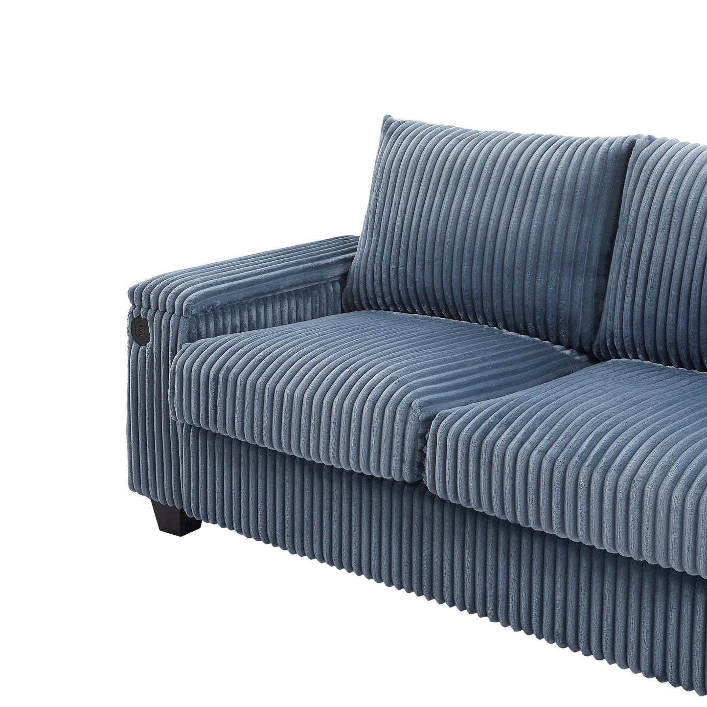 NEW Modern 4-Seater Corduroy Sofa Couch with USB Ports, Hidden Storage, Flip-Top Cup Holders, Blue, 133'