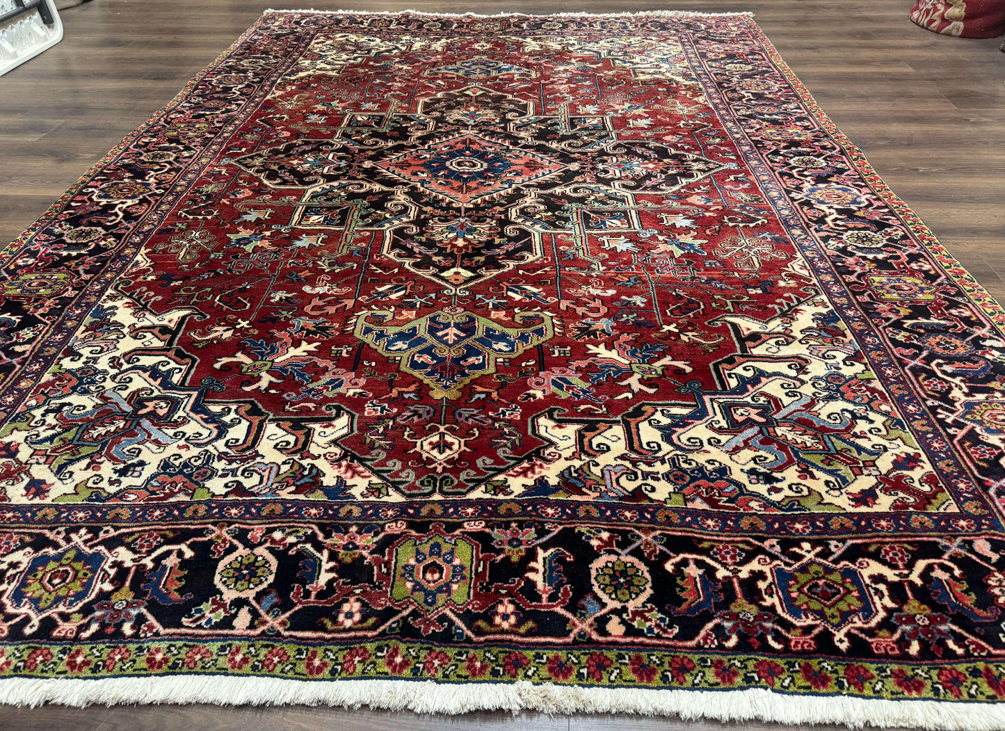 USED Antique Persian Heriz Rug 8x11, Geometric Tribal Wool Carpet, Brick Red