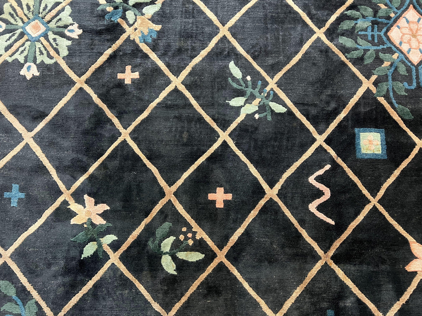 USED Tibetan Rug 9x12, Hand Knotted Tibet Nepali Contemporary Carpet 9 x 12 ft, Black and Tan, Handmade Area Rug Room Sized, Nepalese Rug